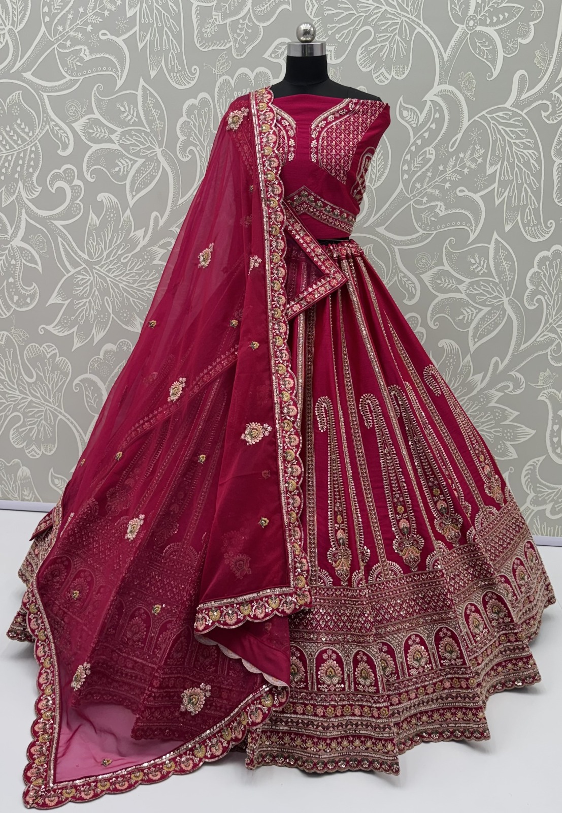Rani-Pink Silk Floral Pattern using Beads, Golden Sequins-Thread Handwork Bridal Semi-Stitched Lehenga Choli